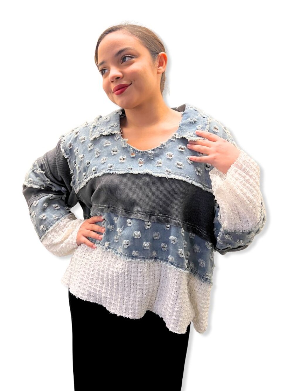 Lt Denim V Neck LS Contrast Top